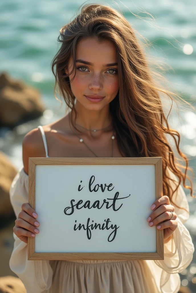 Beautiful girl with wavy long hair, bohemian dress, holding a white board with text "I Love Seaart Infinity" and showing it to the viewer