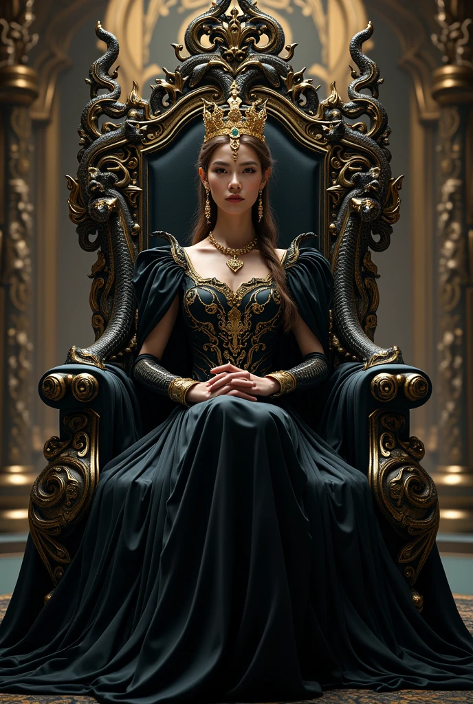 A very beautiful queen sitting on a black throne made of gold, with a serpent-dragon like elements and design, intricate details, dramatic lighting, hyperrealism, photorealistic, cinematic, 8k sharp focus, unreal engine 5 effects