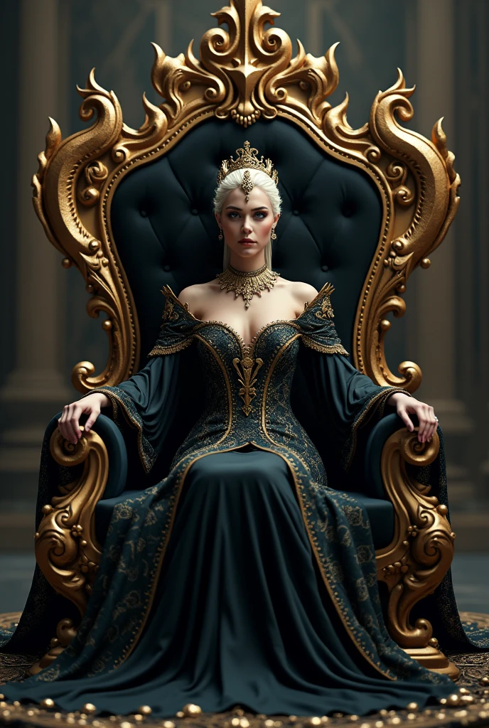 A very beautiful queen sitting on a black throne made of gold, with a serpent-dragon like elements and design, intricate details, dramatic lighting, hyperrealism, photorealistic, cinematic, 8k sharp focus, unreal engine 5 effects