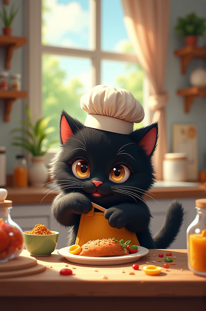 Cute black cat cooking for lunch