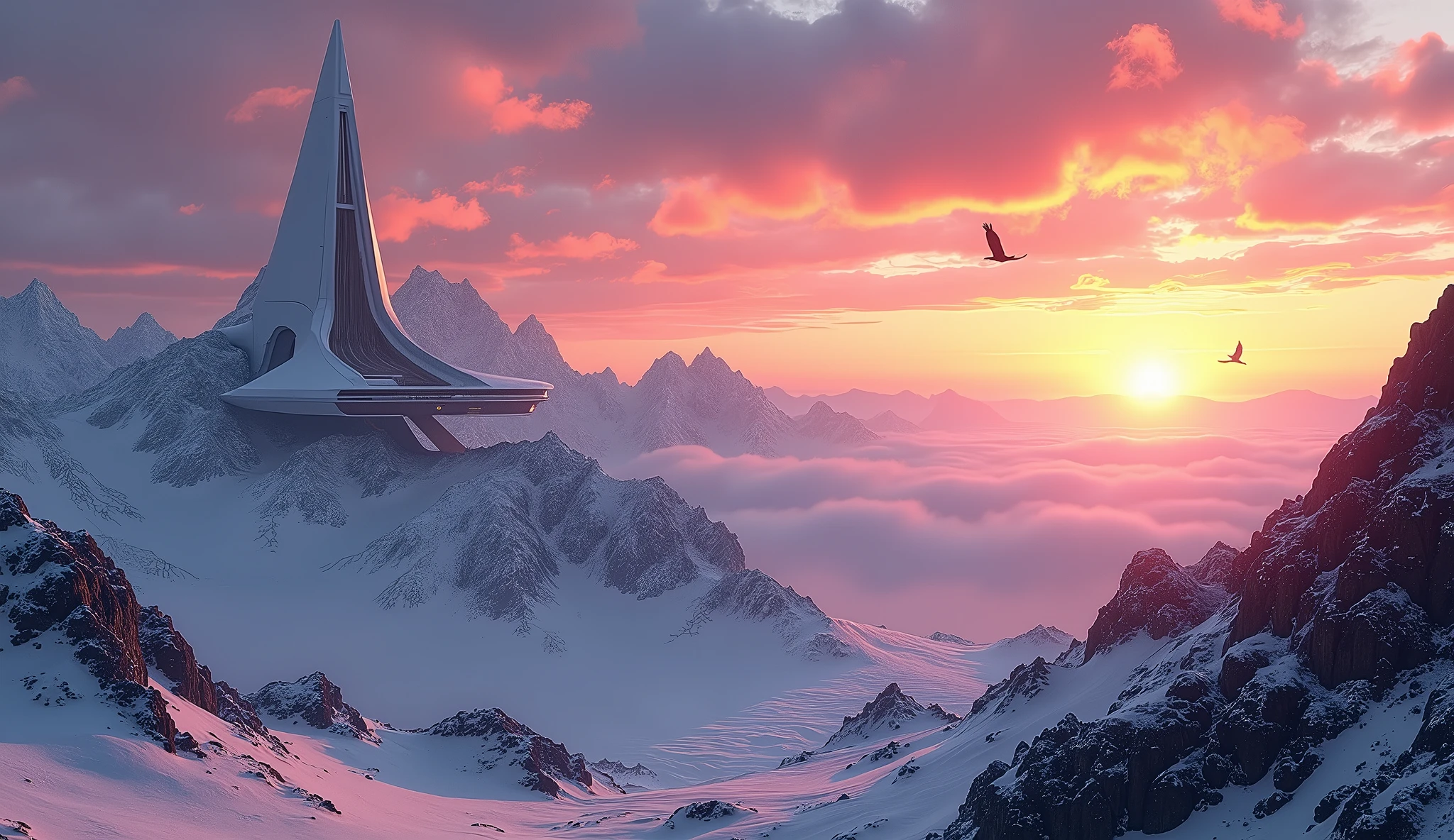Wallpaper calm scene from mountains , realistic photo hdr , sunrise colored sky, scifi building on top of mountain in far distance, flying eagle in distance, epic scene