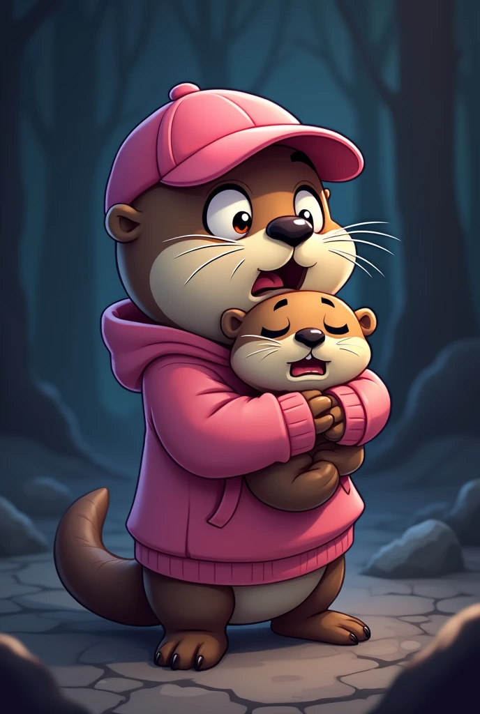 Cartoon of an otter, with pink cap, pink sweatshirt, with a scared face, with eyes closed, with side position and hugging a small stuffed otter, with a background of terror