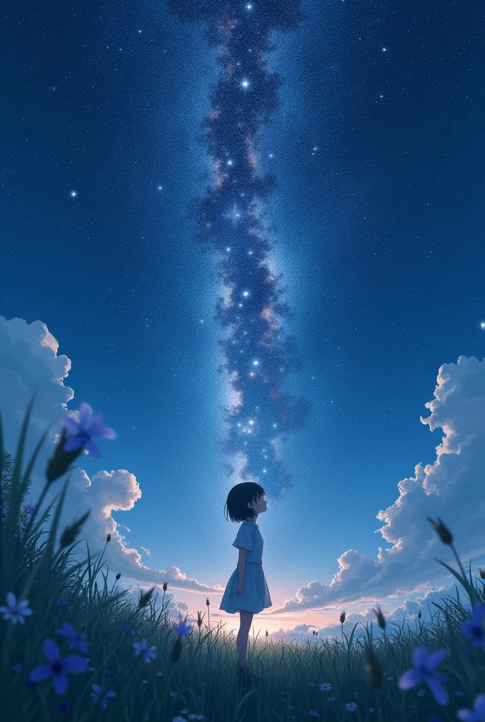 A girl on a meadow,Stars twinkling in the sky,Shining Star,milky way,I look up and see,Pure World,masterpiece,Highest quality,最高masterpiece,Detailed anime art,Digital Art,