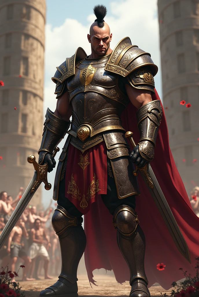 Human gladiator with heavy armor and two swords, with ADENA logo highlighted on the back