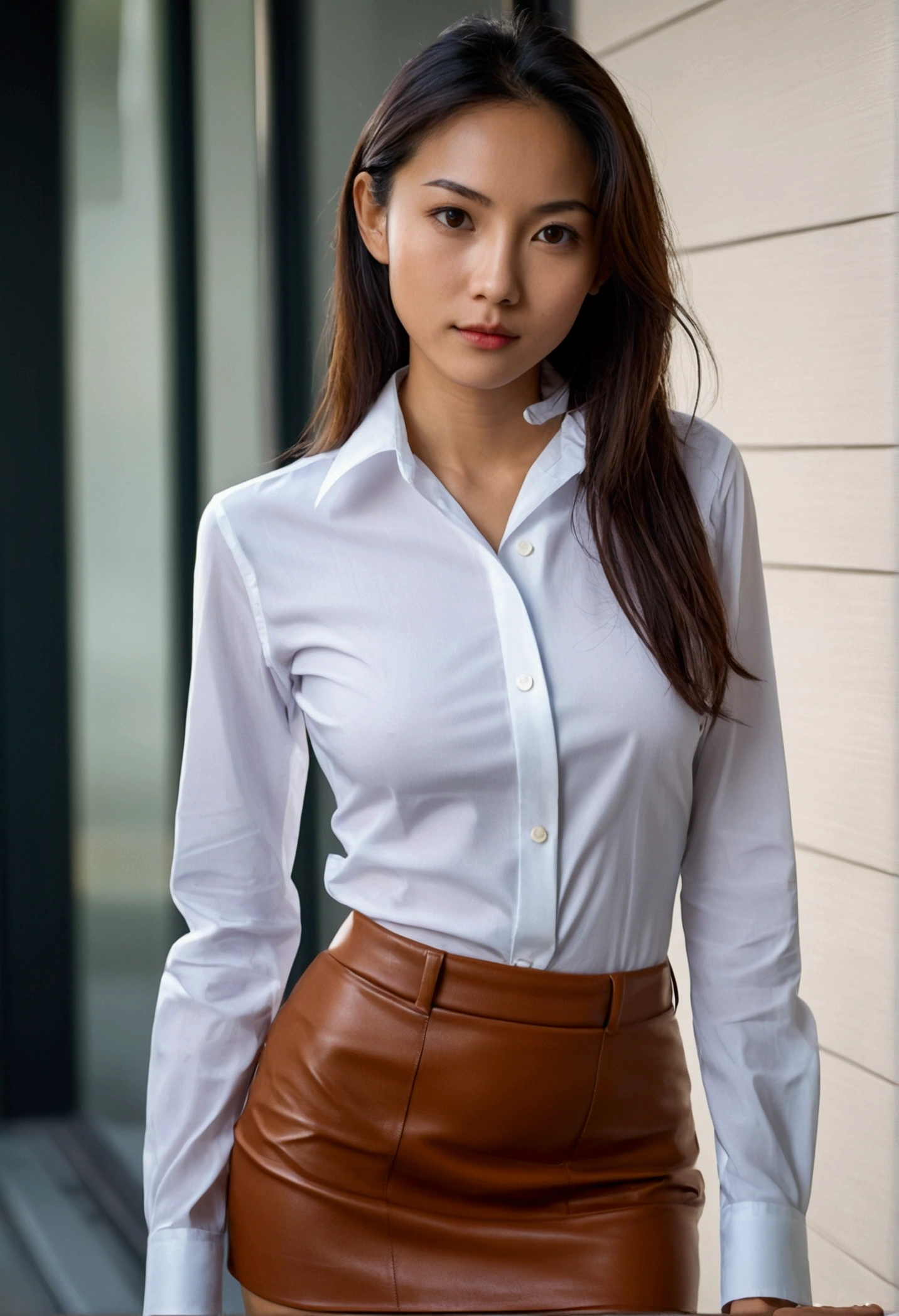 8k, Professional raw photo by Leica M6. Beautiful slender super model in tight business shirt. micro miniskirt. She has small tits and slim abs. Shirt is too small for her. Shirt fits to her underbust and waist. Mixed race of French and Japanese. Detailed skin texture. Detailed seductive face.