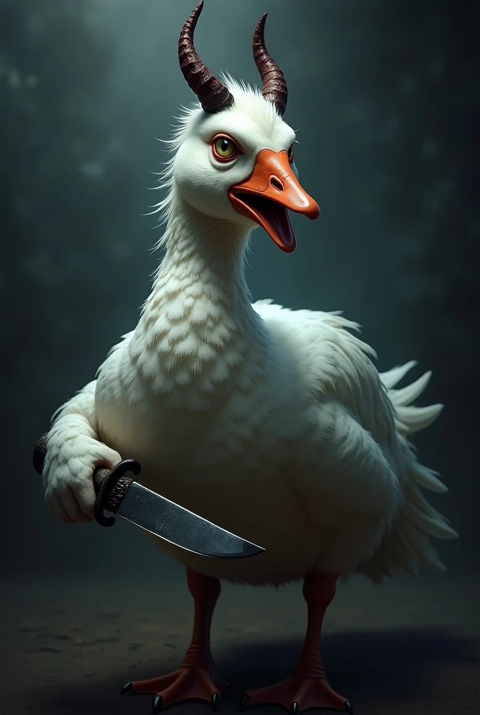 goose with a knife in one wing, devil horns on head on dark background