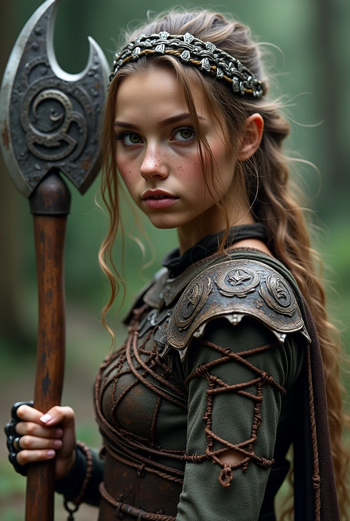 viking girl, dirty, axe with detailed knotwork, chainmail, intricate details, stunning girl, Valkyrie