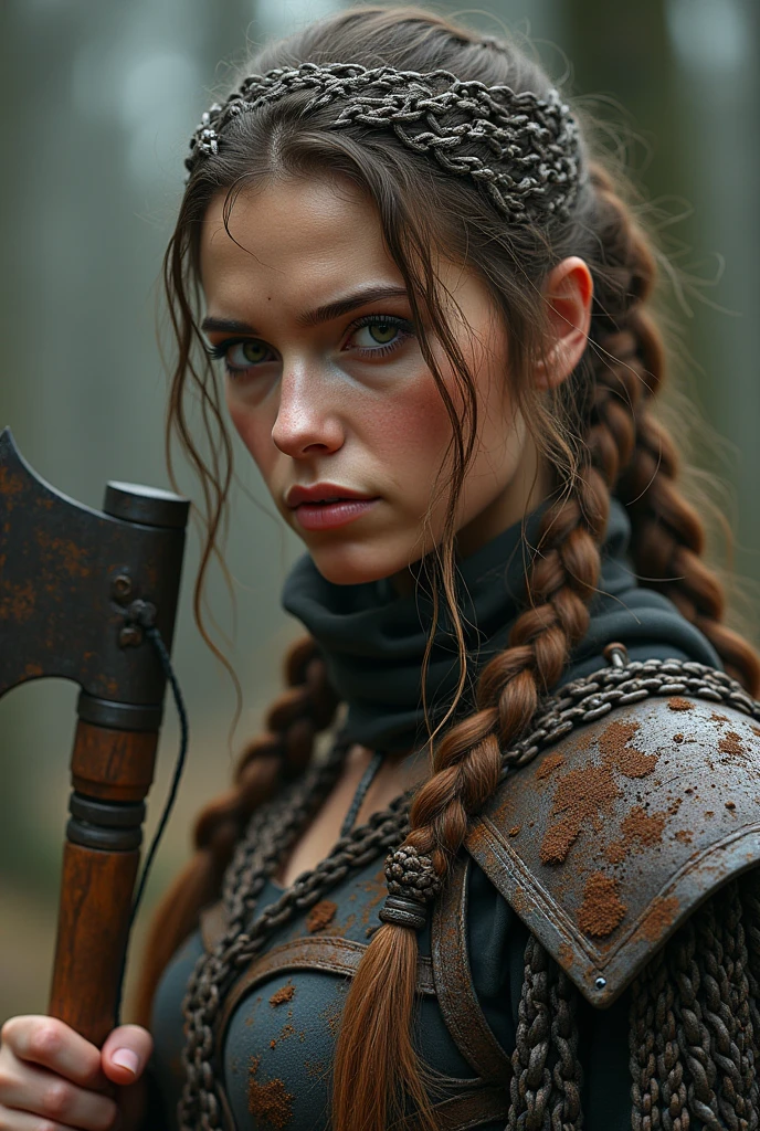 viking girl, dirty, axe with detailed knotwork, chainmail, intricate details, stunning girl, Valkyrie