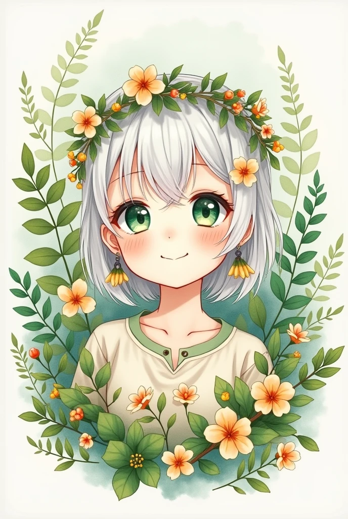 ((Extremely detailed),#3B4195 Background,Beautiful flowers,berry,fern,leaf,平静色彩的watercolor图案),(watercolor纹理), ((1 Girl),(Green dates),(The tree),Cute and lively girl image,watercolor:1.2),Sportswear, leaf, By Bangs, White hair, Green Eyes, There is hair between the eyes, Flower earrings,(She wore a wreath of jujube branches on her head.),Laugh happily in the trees,Character Close-up,Ultrafine,(Ultrafine节)