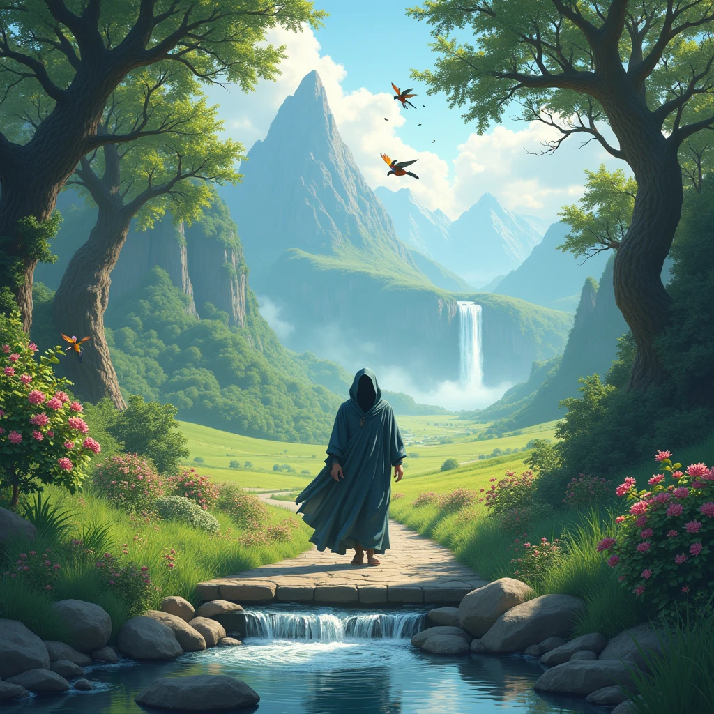 The land of immortality.
The cabuliwallah is walking , behind side, his features blurred, his entire body covered in a cloak. On one side of the road, there are trees of various sizes with flowers of different colors. On the other side of the road, there is a clear stream flowing over small and large stones, and beyond that, a vast green field. Small, colorful lovebirds are flying in the sky and sitting on the branches. In the distance, a waterfall cascades from the mountains.
"Make the person look like a man."