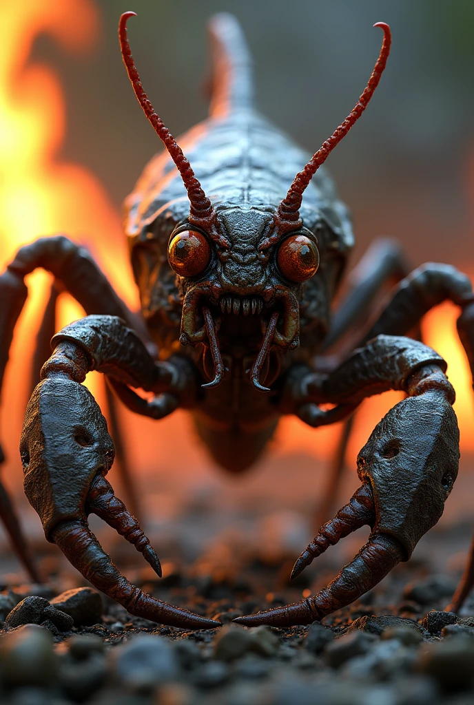 One scorpion and one bug combind body look stand , body look completely danger and burning look his face and body in left side and look in far view and looking like real animal