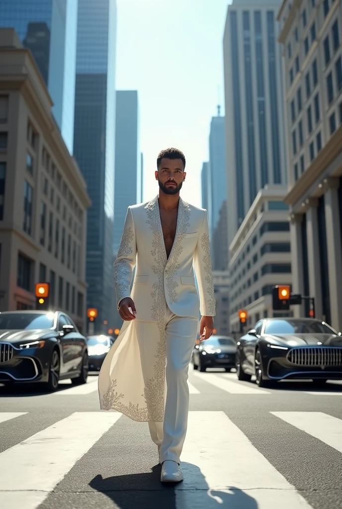 generate an ultra realistic image of "A man confidently strides across a bustling zebra crossing, wearing a stunning white dress with an exquisite, intricate design embroidered along the hem and sleeves. The dress's pattern features delicate florals and geometric shapes, expertly crafted with precision and flair. As he walks, luxury cars - sleek and shiny - glide effortlessly past him, their reflections glinting off the polished asphalt. The scene is set against a backdrop of urban sophistication, with towering skyscrapers and bustling city life