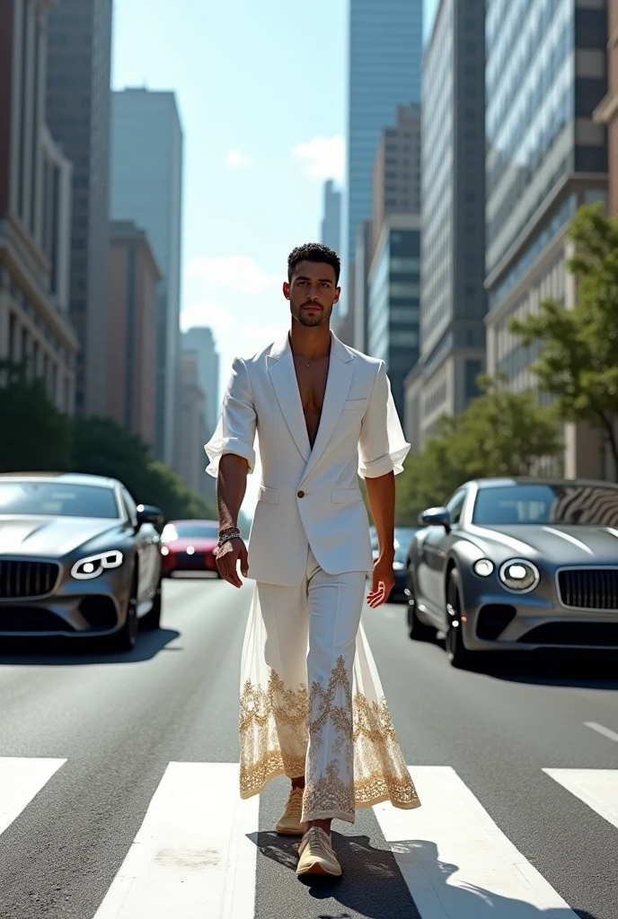 generate an ultra realistic image of "A man confidently strides across a bustling zebra crossing, wearing a stunning white dress with an exquisite, intricate design embroidered along the hem and sleeves. The dress's pattern features delicate florals and geometric shapes, expertly crafted with precision and flair. As he walks, luxury cars - sleek and shiny - glide effortlessly past him, their reflections glinting off the polished asphalt. The scene is set against a backdrop of urban sophistication, with towering skyscrapers and bustling city life