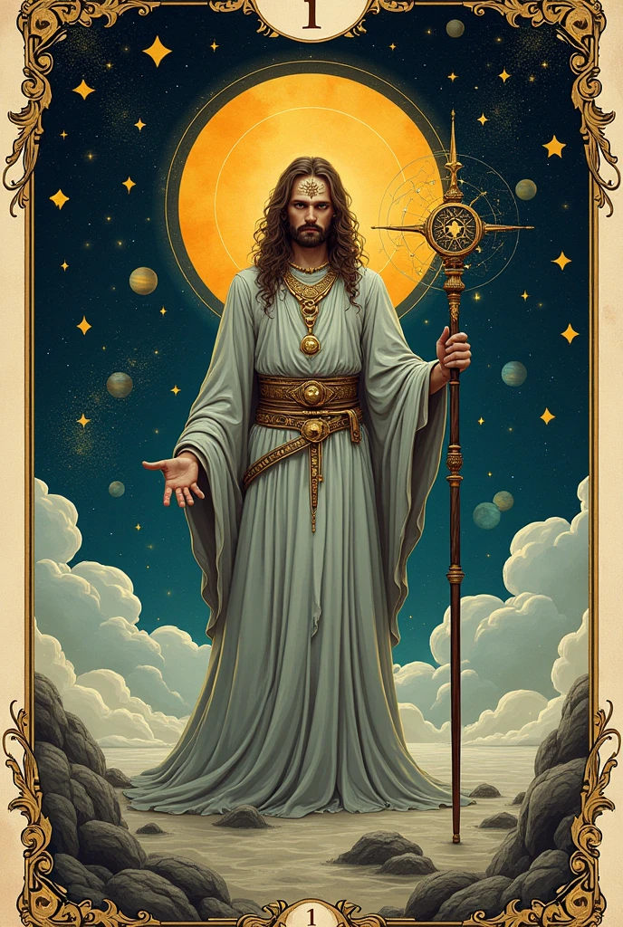 Tarot card image、Includes cosmic elements such as stars and planets、「magician」The central figure is depicted as embodying the concept of。The figure holds an upturned staff to symbolize creation and manifestation.。Traditional tarot card frame and、タロットデッキのmagicianの位置を表すトップに1の数字を含める。Intricate details suggest mysticism and power、For example, adding esoteric symbols to a person's clothing or hands.。The overall tone is mysterious.、Balances dark and light elements to represent duality。
The colour is pastel