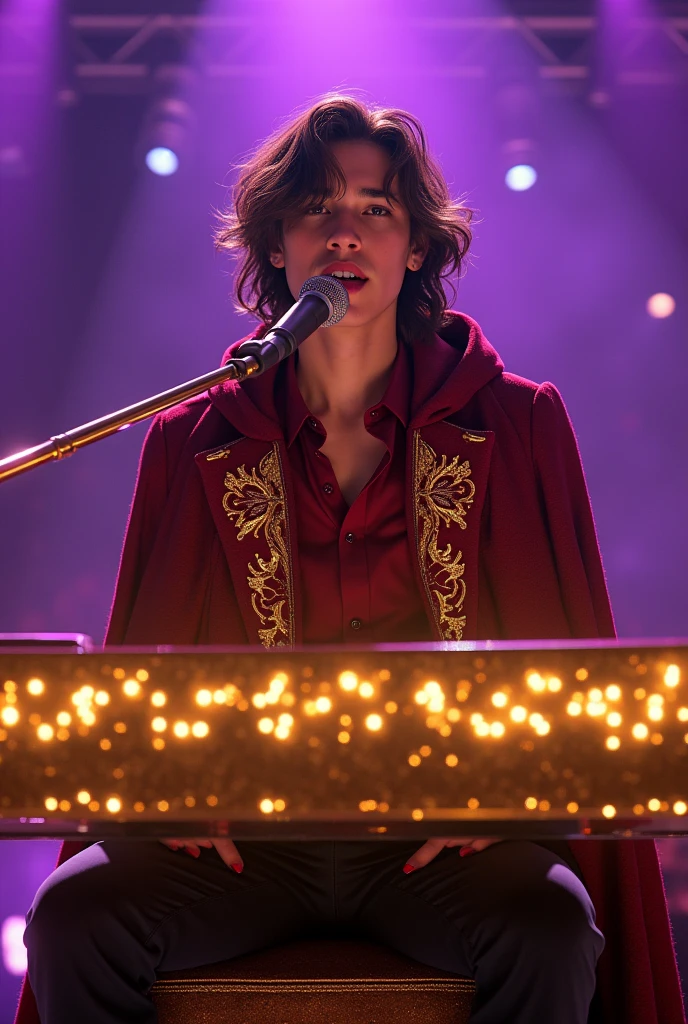 artwork best quality realistic image handsome american male teenager long brown hair light skin in burgundy button down shirt and black pants with burgundy cape and hood coat with intricate gold details glowing sitting playing golden piano and glowing and singing with a microphone in front of him with purple lights around it illuminating him intricate details singing seen from the front at a concert with details uhq details 8k realism
