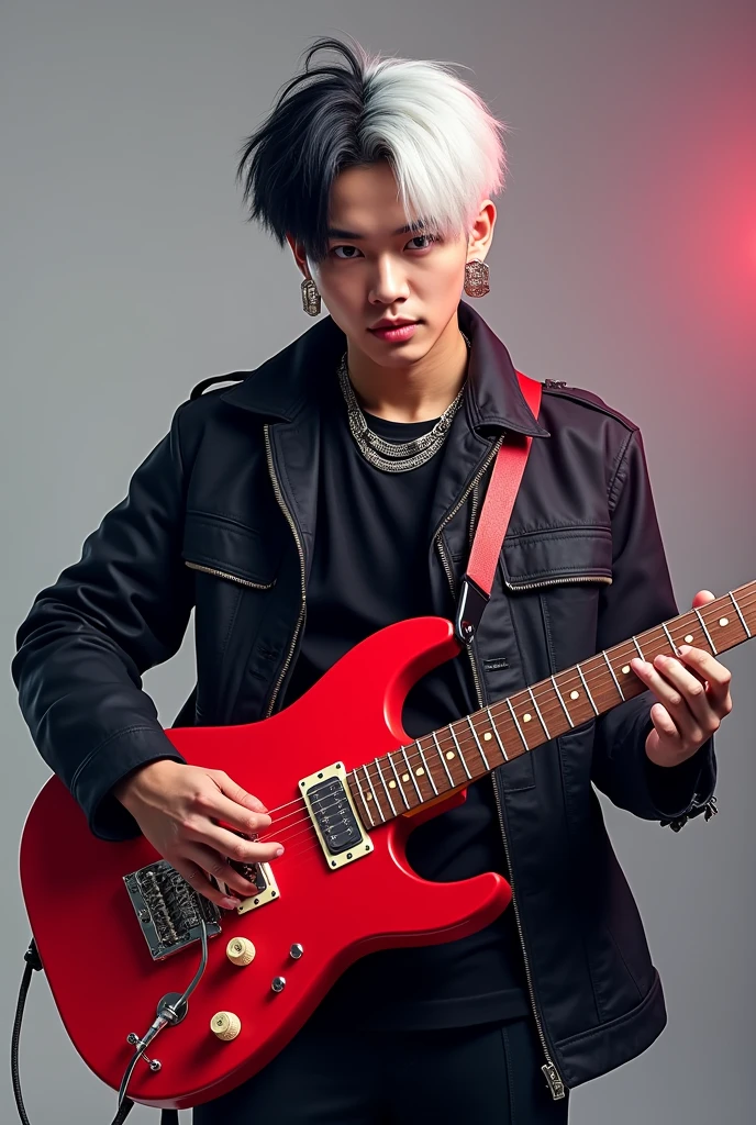 ateez's hongjoong with half-platinum, half-black hair playing a red guitar