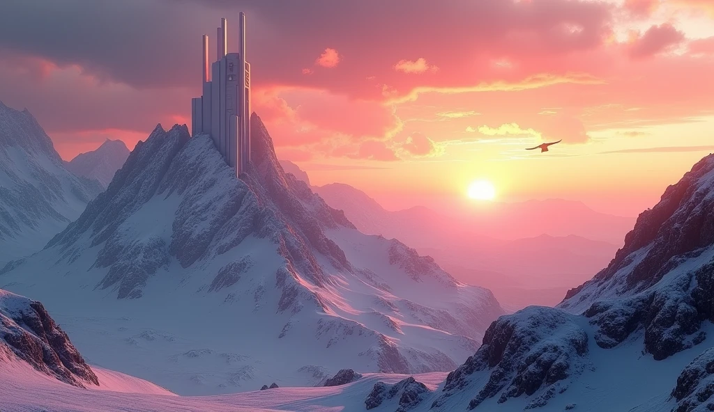 Wallpaper calm scene from mountains , realistic photo hdr , sunrise colored sky, scifi building on top of mountain in far distance, flying eagle in distance, epic scene