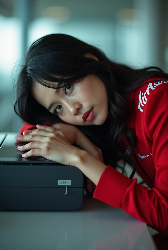 A woman with long, dark hair leans over a printer, her head resting on the glass surface. She gazes intently at the camera with a soft expression, wearing a red colored of AirAsia's cabin crew uniform . Her left hand rests on the printer, while the background is softly blurred, highlighting her body and the machine. The overall mood is surreal and artistic, blending human form with an everyday object.