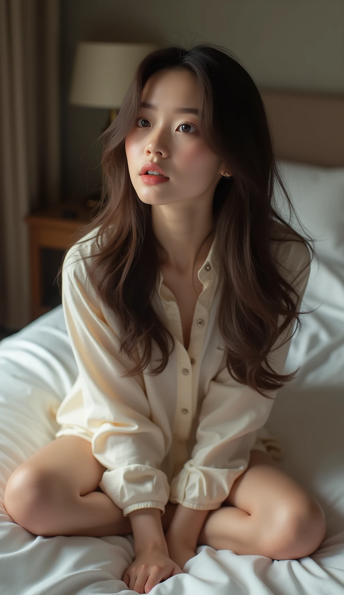 masterpiece, best quality, very detailed, (realistic, photo realistic:1.2), high resolution, RAW photos, 8k, Break NSFW, throw, (hetero:1.1), (Perfect intense sex, evangelist, It must be a penis in question:1.1)asian girl, 20 years old, Cute appearance, (Open your mouth sexy, Became proud:1.1), (blush:1.2), (Silk shirt:1.3), orgasm, from above,( Perfect lie, behind the bed:1.3), (m bridge, spread your legs wide:1.1), long straight hair