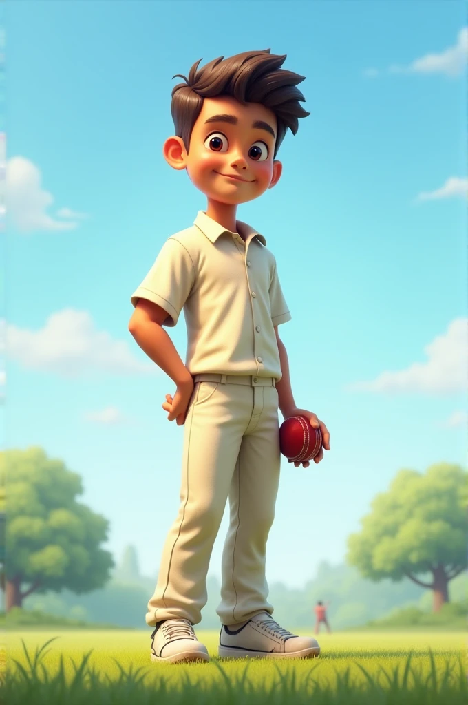 "Create an image of a  standing confidently on a grassy field, wearing a casual shirt and trousers. He is holding a cricket ball in one hand, with the other hand resting at his side. The boy is looking forward with a determined expression, as if he is about to begin bowling. The background includes a clear blue sky and a few scattered trees, capturing the peaceful yet focused atmosphere of the moment."
