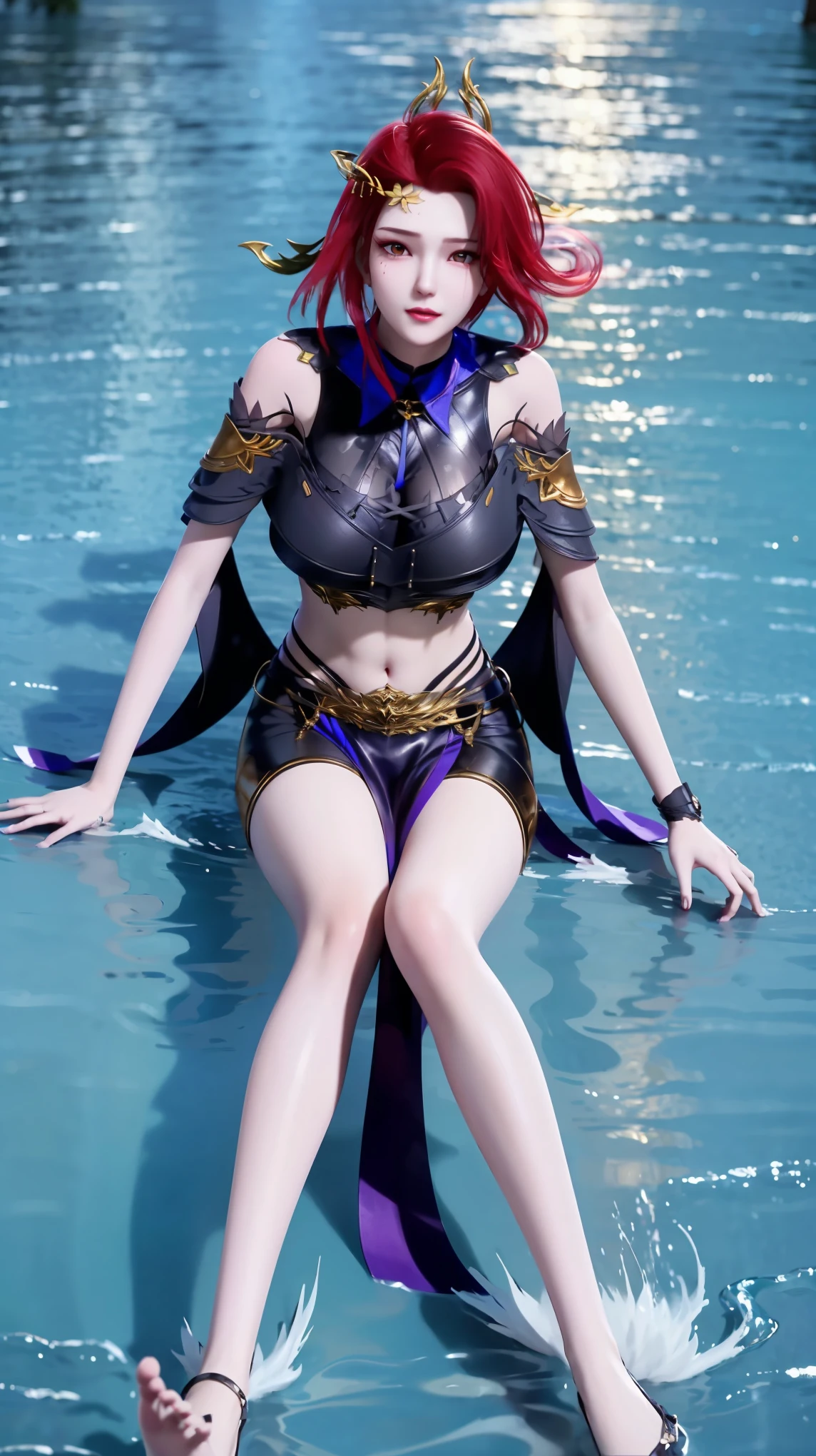 一个穿着连衣裙的女孩躺在Starry Sky下的床上,Exquisite smile,Beautiful and delicate eyes,Beautiful and delicate lips,Extremely detailed face and eyes,Long eyelashes,Full body,Flowing hair,belly button,best quality,excellent work,Super,(Reality:1.4),RAW photos,(Beautiful face:1.2),(Lying on the water:1.5),1 girl,(absurd),(8k), (4K),Octane Rendering,Starry Sky,((Full body view)),barefoot,Cross-legged