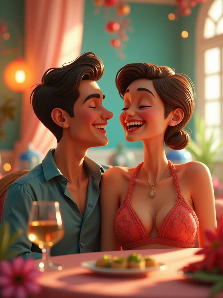 A man, handsome face, with a pretty lady, the pretty lady has short brown hair, pretty face, both of them wearing hyper clothes, inside the house, indoor, having fun, laughing, real cartoon 3D, fantasy