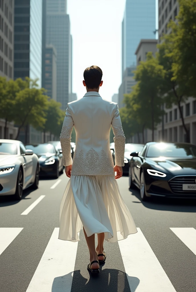 generate an ultra realistic image of "A man confidently strides across a bustling zebra crossing, wearing a stunning white dress with an exquisite, intricate design embroidered along the hem and sleeves. The dress's pattern features delicate florals and geometric shapes, expertly crafted with precision and flair. As he walks, luxury cars - sleek and shiny - glide effortlessly past him, their reflections glinting off the polished asphalt. The scene is set against a backdrop of urban sophistication, with towering skyscrapers and bustling city life