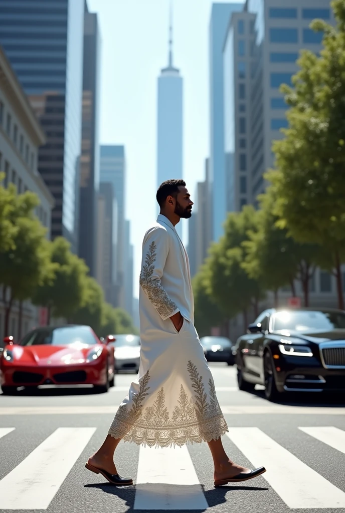 generate an ultra realistic image of "A man confidently strides across a bustling zebra crossing, wearing a stunning white dress with an exquisite, intricate design embroidered along the hem and sleeves. The dress's pattern features delicate florals and geometric shapes, expertly crafted with precision and flair. As he walks, luxury cars - sleek and shiny - glide effortlessly past him, their reflections glinting off the polished asphalt. The scene is set against a backdrop of urban sophistication, with towering skyscrapers and bustling city life