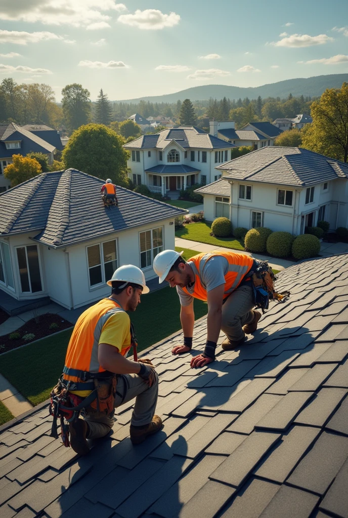 Men installing roofs on houses in the United States 