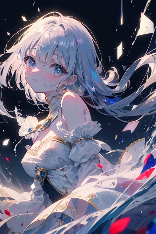 (((masterpiece)))、(((Highest quality)))、((Very detailed))、(Consciousness upward)、((Very delicate and beautiful))、bright smile、floating、(Detailed Light) (One Girl)、、alone、Long-haired、The wind is blowing、world、（Cute eyes）magic使いの帽子, blush, Brush sticker, Cleavage, Expose your shoulders, dress, Off the shoulder, Cowboy Shot, Are standing, Laughter, Delicate bouquets、Navy blue and red peonies, Ultra-transparent, Holy Light, beautiful spectral Light, Petals Shine, Blink, Dark Background, drops of transparent Light, reflective Light, bright, Light flowing in, Optics, Portrait Profile, Sharp focus, magic, Complex, Surreal, Fantasy, composition, Light, Art Station Trends, Pearl, Silvery steam guardian cloud, Corrosive Envelope Group, 8k, 尿素エアー 23V4 アップLight