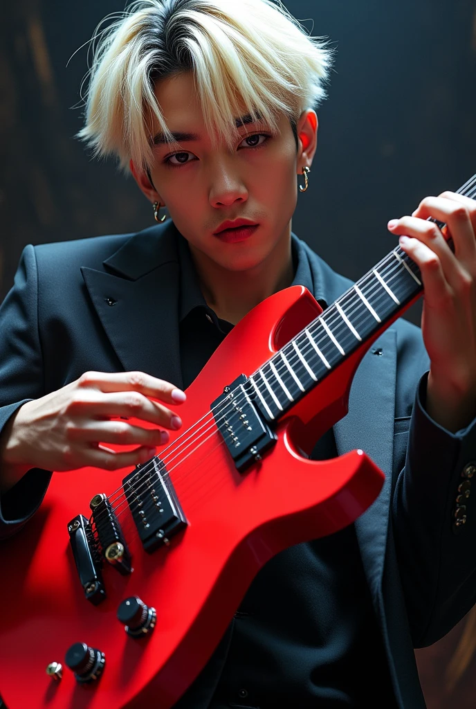 hongjoong from kpop group ateez with half platinum and half black hair playing a red guitar
