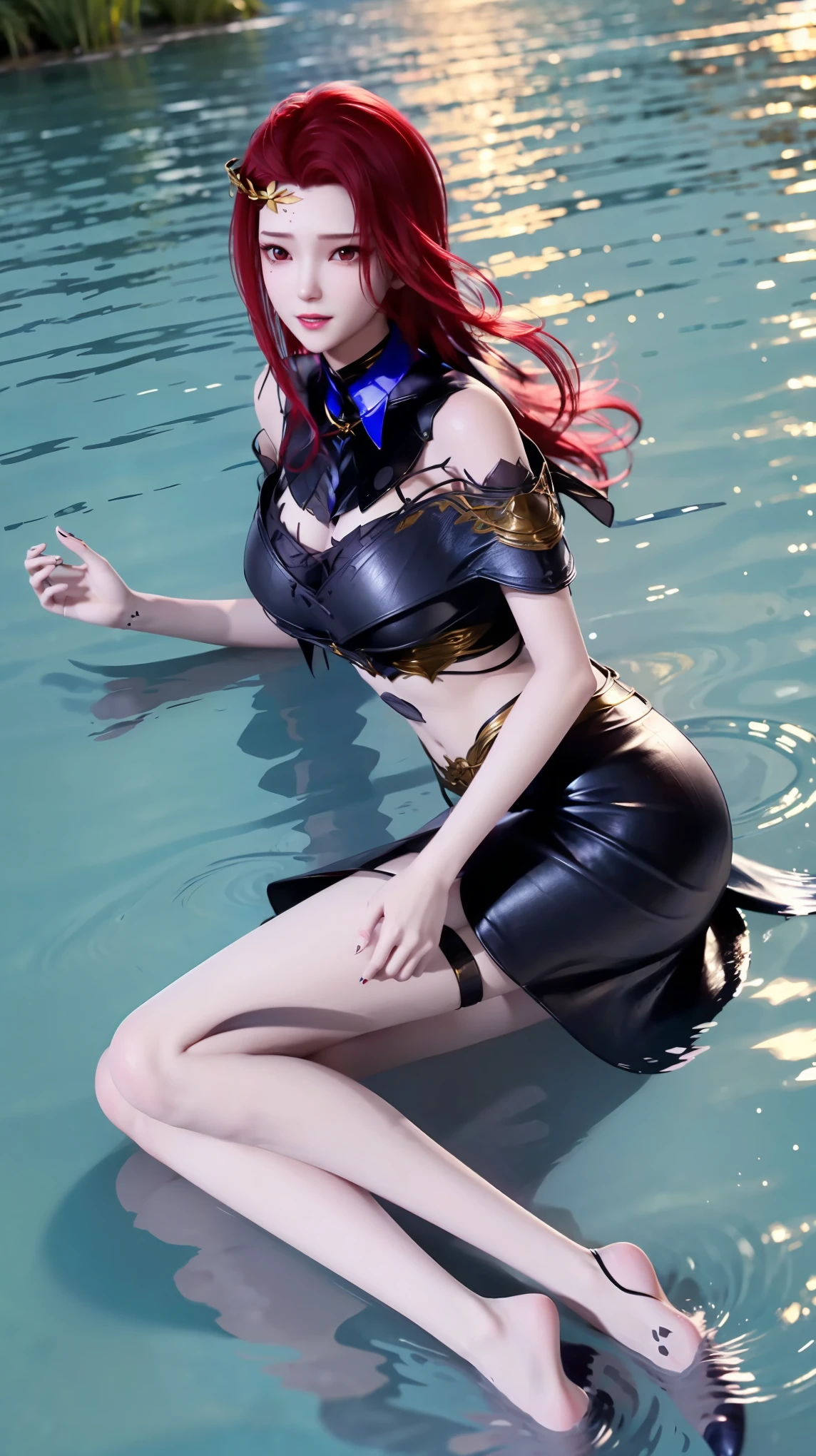 一个穿着连衣裙的女孩躺在Starry Sky下的床上,Exquisite smile,Beautiful and delicate eyes,Beautiful and delicate lips,Extremely detailed face and eyes,Long eyelashes,Full body,Flowing hair,belly button,best quality,excellent work,Super,(Reality:1.4),RAW photos,(Beautiful face:1.2),(Lying on the water:1.5),1 girl,(absurd),(8k), (4K),Octane Rendering,Starry Sky,((Full body view)),barefoot,Cross-legged
