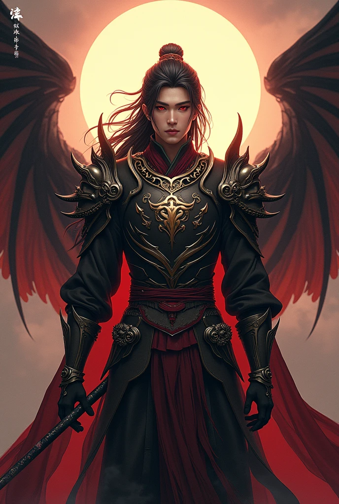 Handsome young xianxia protagonist,Chinese handsome,guy,man,long black obsidian hair, Crimson red eyes combination ,and long black tint hair,and the golden rune motiv engraved on his forehead,use armour featuring like God of evil with black and silver dominant color,pauldron protective shape like dragon head,breastplate featuring like qiongqi four perils Chinese beast((search reference for 4 perils Chinese beast qiongqi)),breastplate detailed emperor dragon head shape,shoulder protective dragon shape like head red and blue,sun and moon and circling at the background,ultra detail,the tassel of the armour like river of galaxy, combination of black and red dominant color,darkest red dominant color, Crimson dark red dominant color armour,with majestic silver line ,held halberd of abyss,halberd extreme detailed, And demonic wings at back,demonic wings at back,terrifying aura around,24K ultra hd,face and eyes detail,lips and face detail,masterpiece ,better quality