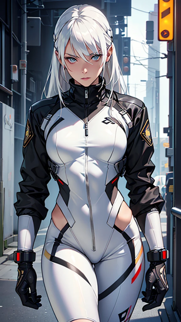 Beautiful cybernetic girl realistic masterpieces (best quality,ultra-detailed), white hair, fair skin, fit body, slim figure, narrow waist, (cocky expression), black SWAT uniform with police insignia , heavy kevlar body armor