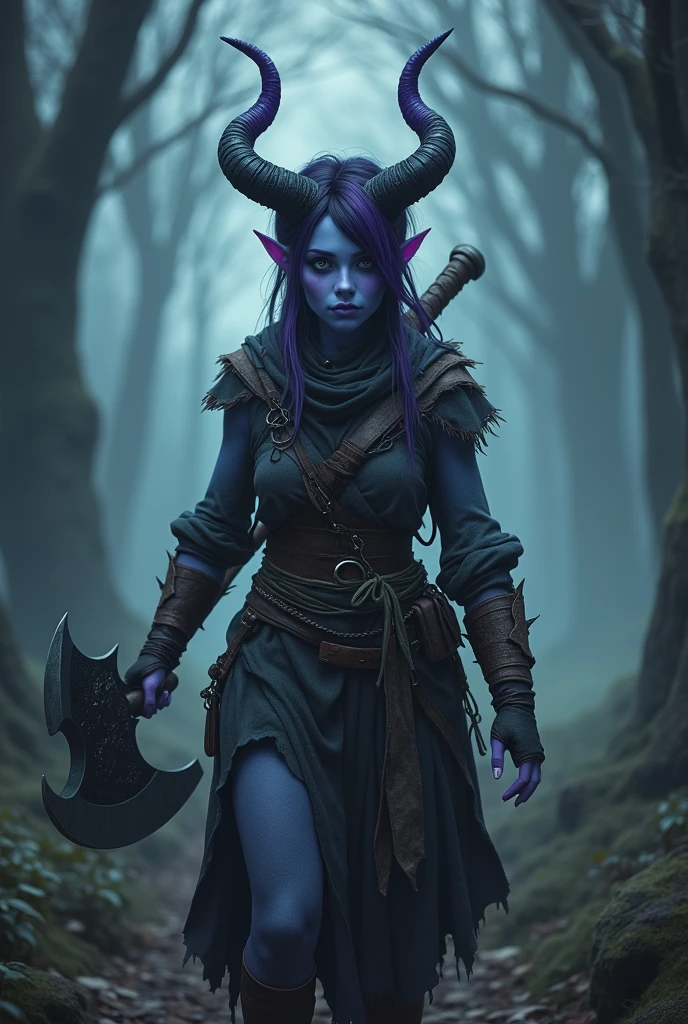 Destiny, the light blue Tiefling from Dungeons and Dragons, best quality, ultra-detailed CG unity 8k wallpaper, walking, high resolution, dynamic pose, beautiful face, 2 demon horns (Purple and black eyes:1.2, black and purple hair:1.3, pixie cut hair, ragged cloth armor, tiny boobs), depth of field, dark medieval forest, dark light, night time), (high fantasy), weilding a giant waraxe 