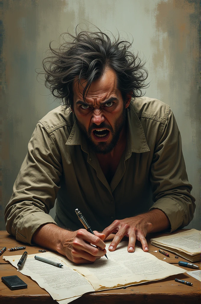 A crazy man study on the table 