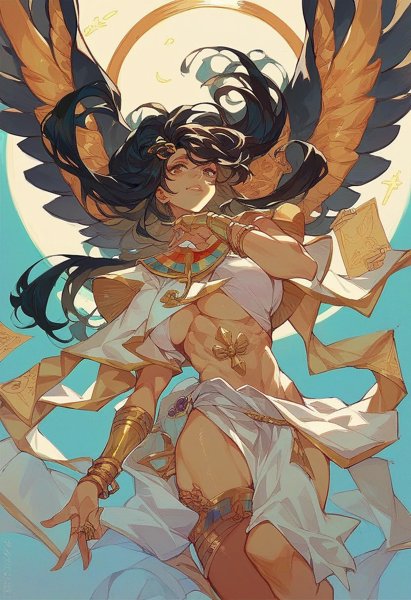 1 girl, brunette, long black hair, gold clips, gold bracelets, gold rings, clothing a mix of Egyptian priestess with Sailon Moon, athletic, slender body, big breasts, tarot cards flying around her