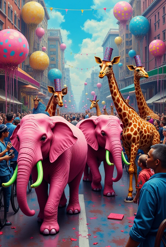 In a fantastical world of swirling colors and outlandish creatures, a whimsically chaotic scene unfolds. Picture an acrylic painting depicting a lively parade through a bright, kaleidoscopic city. The details leap off the canvas, showcasing vibrant hues and intricate patterns that mesmerize the eye. Each character in the procession is uniquely bizarre, from bubblegum pink elephants with neon green tusks to polka-dotted giraffes wearing glittering top hats. This masterfully crafted artwork transports the viewer to a surreal, enchanting universe where the impossible becomes reality.