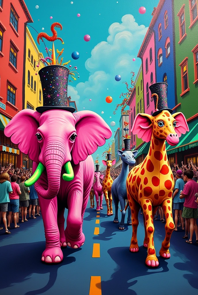 In a fantastical world of swirling colors and outlandish creatures, a whimsically chaotic scene unfolds. Picture an acrylic painting depicting a lively parade through a bright, kaleidoscopic city. The details leap off the canvas, showcasing vibrant hues and intricate patterns that mesmerize the eye. Each character in the procession is uniquely bizarre, from bubblegum pink elephants with neon green tusks to polka-dotted giraffes wearing glittering top hats. This masterfully crafted artwork transports the viewer to a surreal, enchanting universe where the impossible becomes reality.