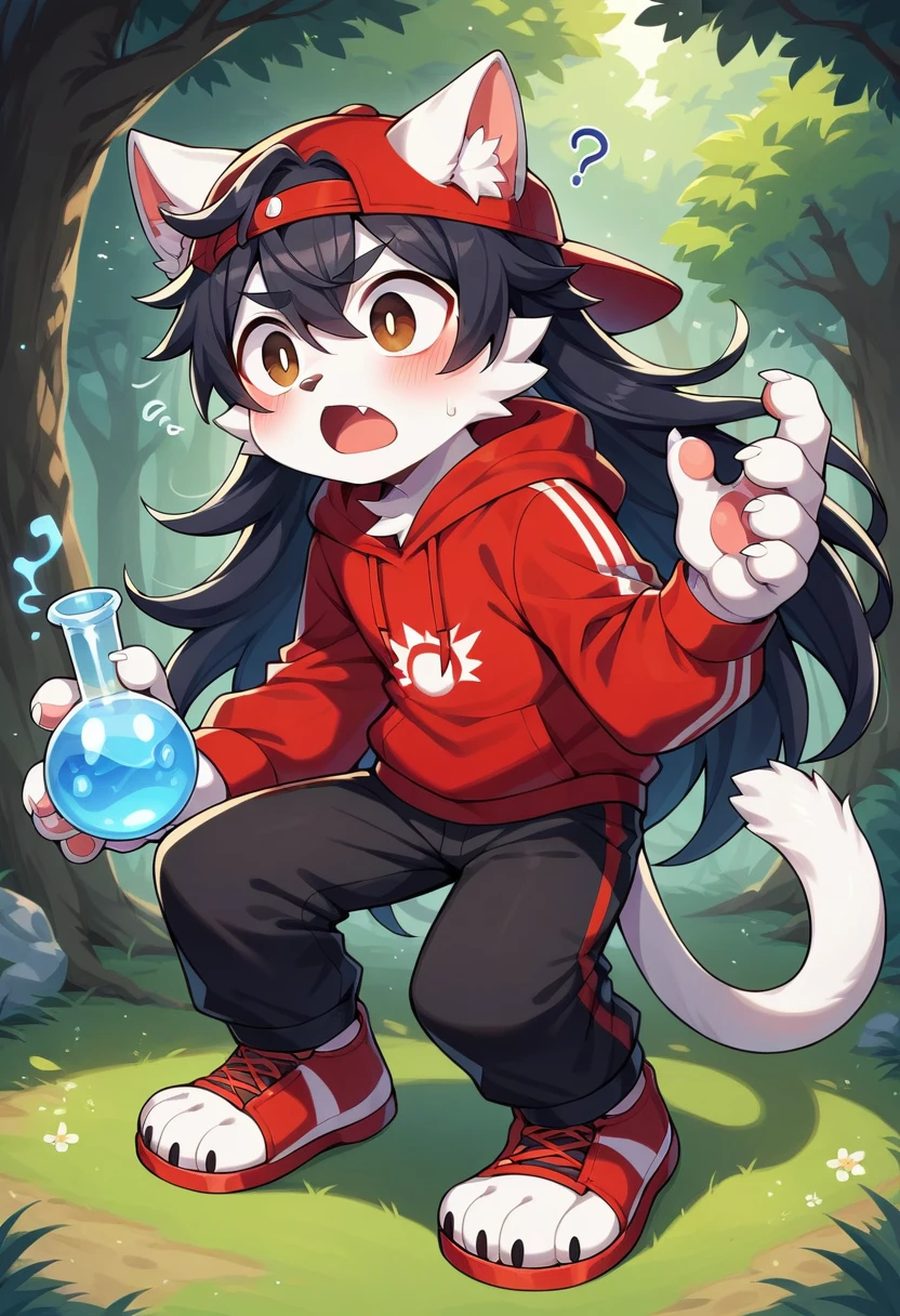 masterpiece, best quality, expressive eyes, perfect face, a man get transformed into a furry white cat , cat furry, white Fur, confused, blushed, black hair, long hair, red baseball cap with a withe M, red hoodie, black shirt, black pants, red sport shoes, brown eyes , Open mouth , full body, magic potion, shock,  in a forest