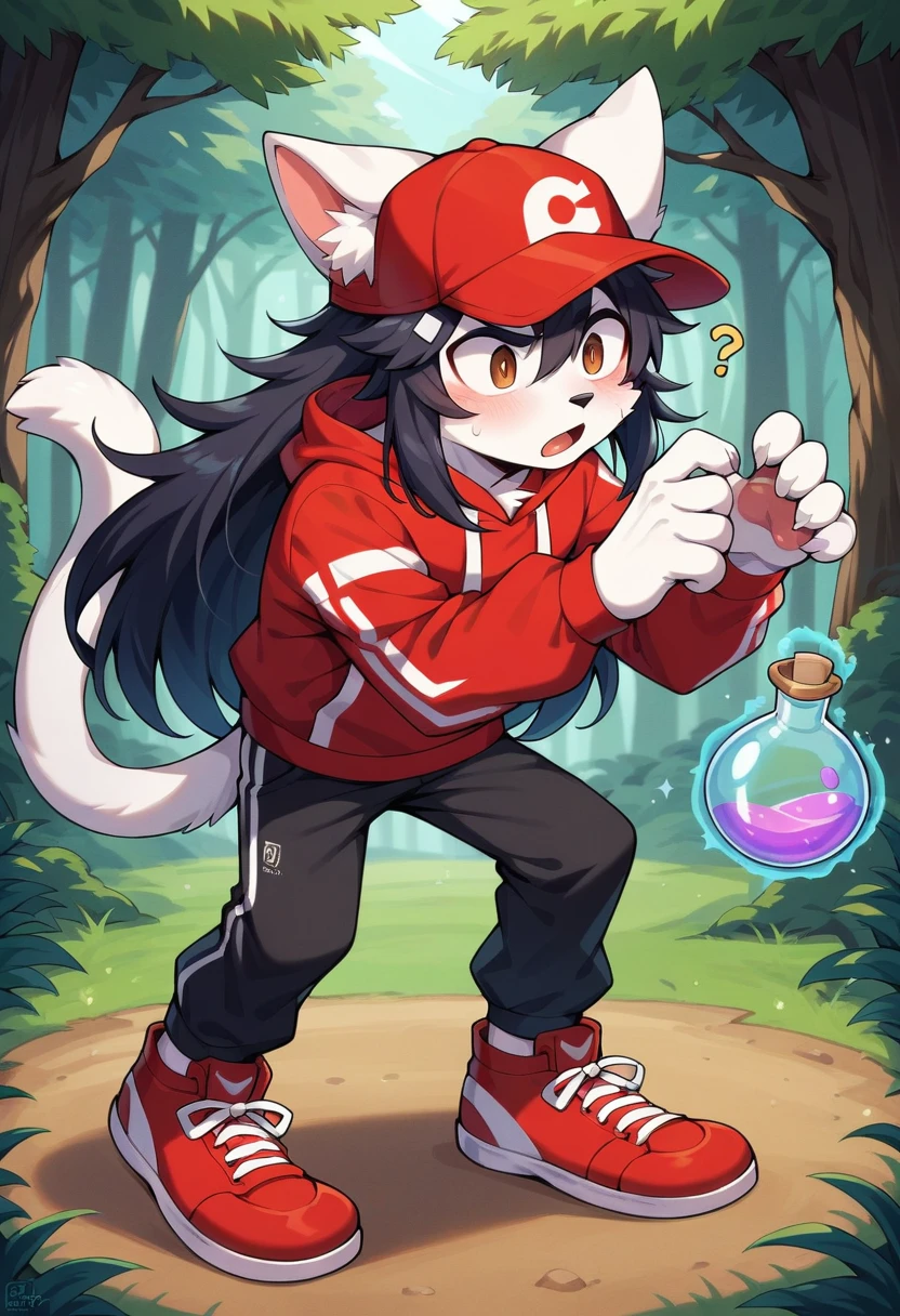 masterpiece, best quality, expressive eyes, perfect face, a man get transformed into a furry white cat , cat furry, white Fur, confused, blushed, black hair, long hair, red baseball cap with a withe M, red hoodie, black shirt, black pants, red sport shoes, brown eyes , Open mouth , full body, magic potion, shock,  in a forest