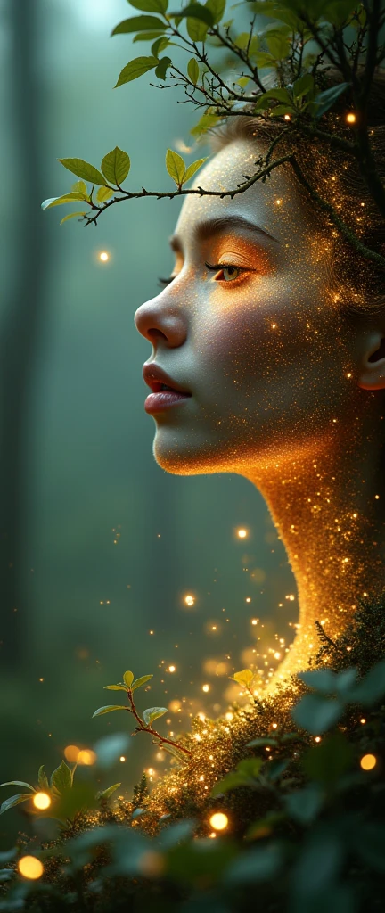 masterpiece, 1fairy, perfect face, light, glass tree forest, dramatic lighing,  ultra detailed, floating glow lights, depth of field, (shining dust)