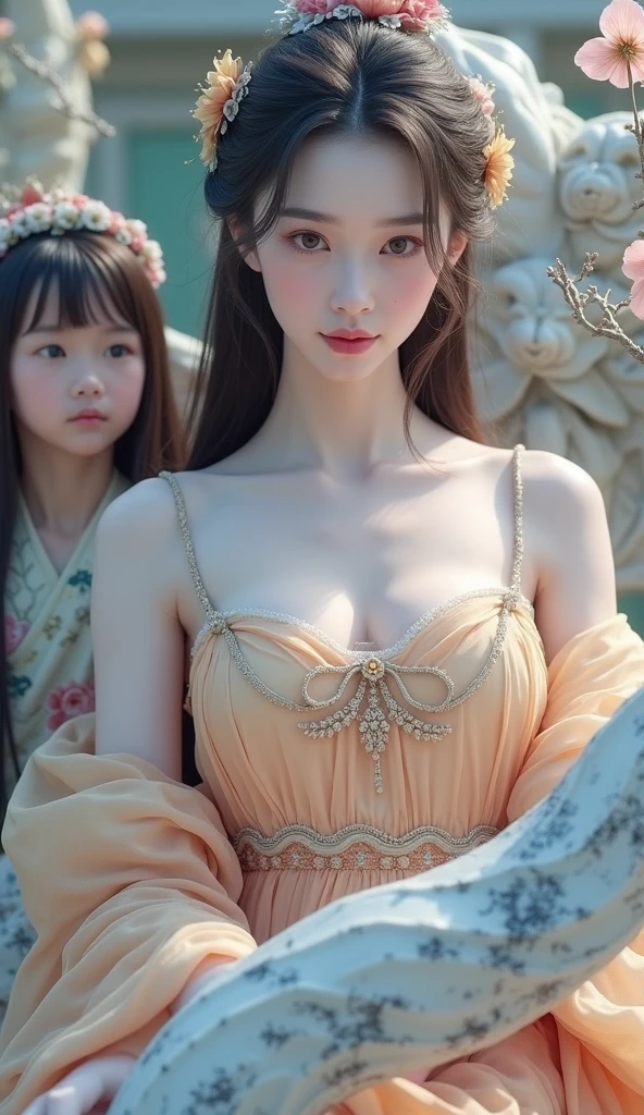 there is a woman that is sitting down with a yellow dress, a marble sculpture inspired by Wang Yuanqi, trending on cg society, rococo, palace , a girl in hanfu, hanfu, elf long weaving brown hair