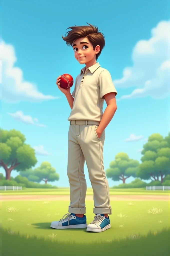 "Create an image of a standing confidently on a grassy field, wearing a casual shirt and trousers. He is holding a cricket ball in one hand, with the other hand resting at his side. The boy is looking forward with a determined expression, as if he is about to begin bowling. The background includes a clear blue sky and a few scattered trees, capturing the peaceful yet focused atmosphere of the moment."