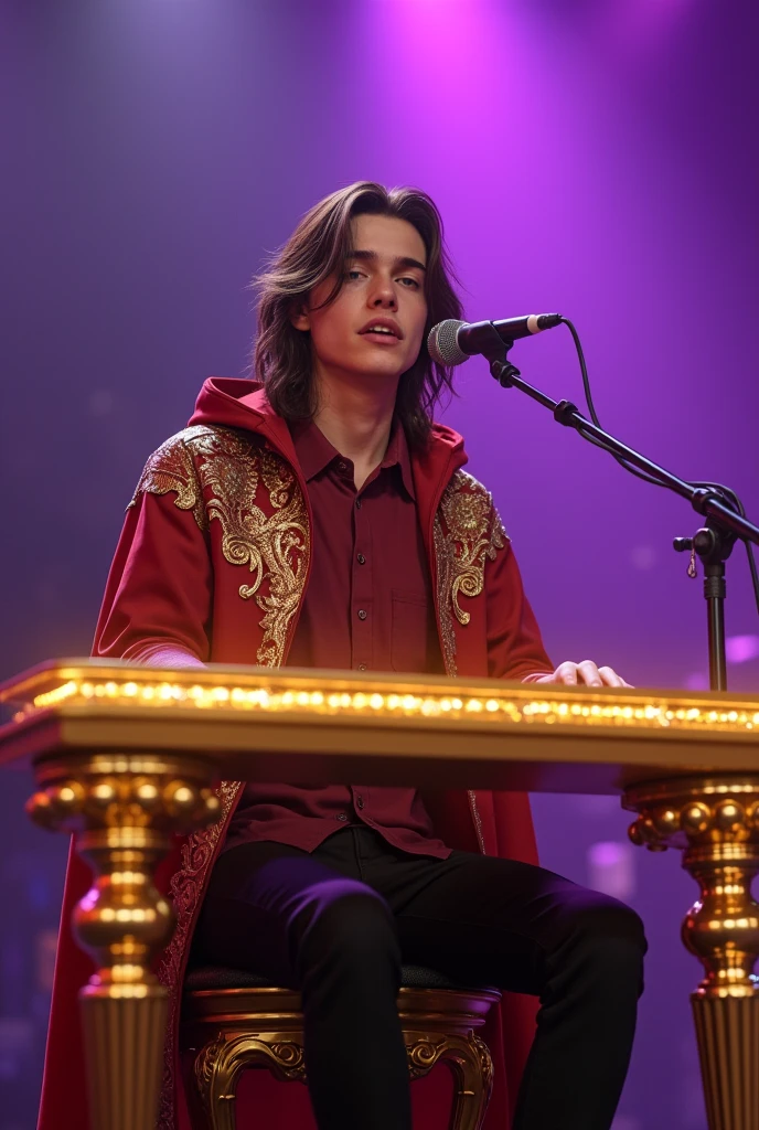 artwork best quality realistic image handsome american male teenager long brown hair light skin in burgundy button down shirt and black pants with burgundy cape and hood coat with intricate gold details glowing sitting playing golden piano and glowing and singing with a microphone in front of him with purple lights around it illuminating him intricate details singing seen from the front at a concert with details uhq details 8k realism