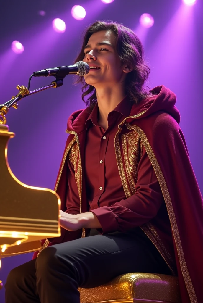 artwork best quality realistic image handsome american male ager long brown hair light skin in burgundy button down shirt and black pants with burgundy cape and hood coat with intricate gold details glowing sitting playing golden piano and glowing and singing with a microphone in front of him with purple lights around it illuminating him intricate details singing seen from the front at a concert with details uhq details 8k realism