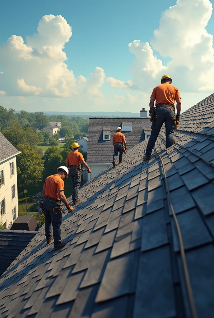 Men installing roofs on houses in the United States 