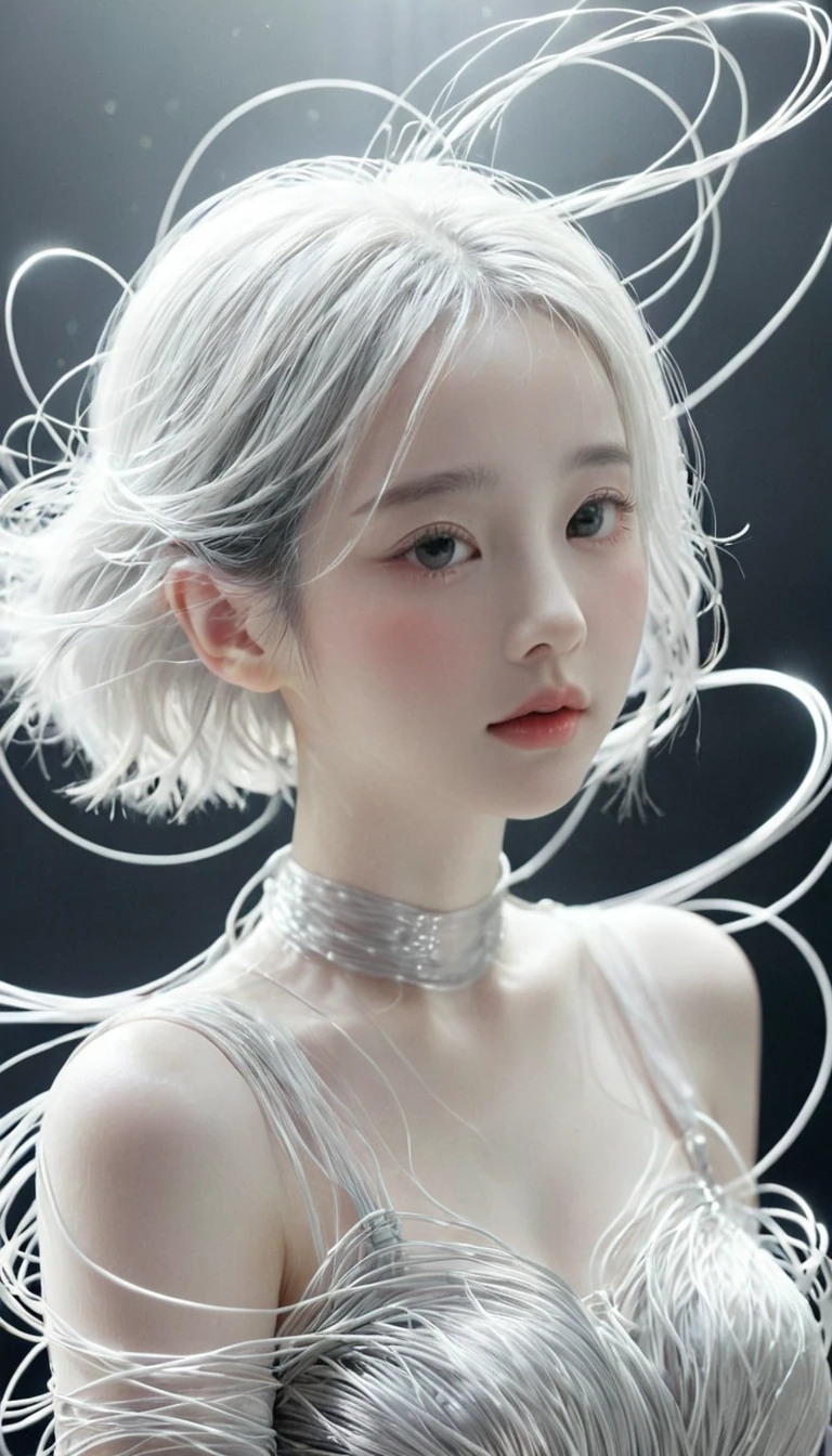 bail_particle,bail_Wire,光Wire,光particle,A girl made of particle,The density of Wire at the finger part is high,(White hair:0.3),