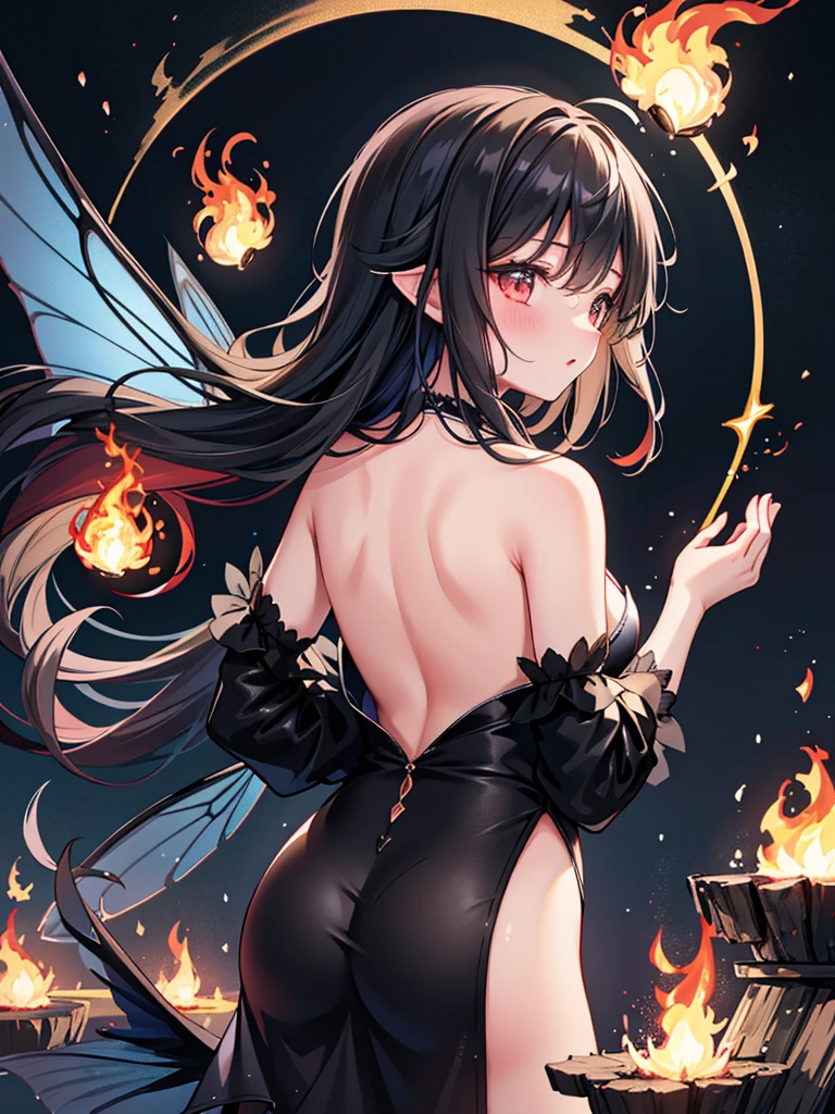 (Exquisite, beautiful, Very detailed, masterpiece, high resolution,high quality,High resolution),(Well-formed face,soft thin lines: 1.2, Beautiful, delicate and vivid illustrations with a mature and clear feel), From the rings on both hands, a fairy that controls flames and fire is floating in the air.,A delicate and beautiful adult fairy princess with transparent, black wings growing from her back.,Dark Night,inflammation,sparks,From a little distance,She&#39;s wearing a tiara, earrings, necklace and bracelets.,), ((Red, white and black ball gown dress with inflammation motif:1.1, Balloon sleeves, Jewels, ribbons, lace and frills, Fairy wings from the back:1.5)), (Long fingers,Pale pink blush, Plump pink lips,Beautiful and clear eyes,Large Bust, Fair skin, Black knee-highs,Good style),pastel colour, Fantasy,Whole body,flare up