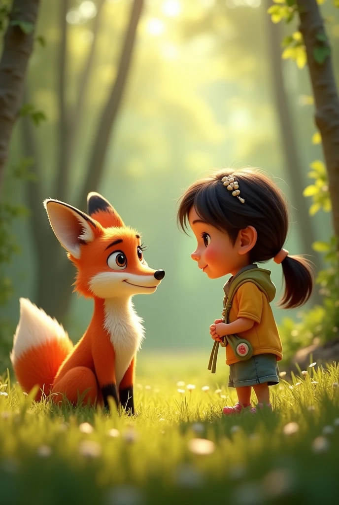 Prompt: The fox, now looking slightly stronger, lifts its head and speaks to Amina, with a soft expression, saying, "Thank you, Amina. Because of your kindness, Allah will bless you." Amina is shown listening attentively.small girl 3D animated cartoon